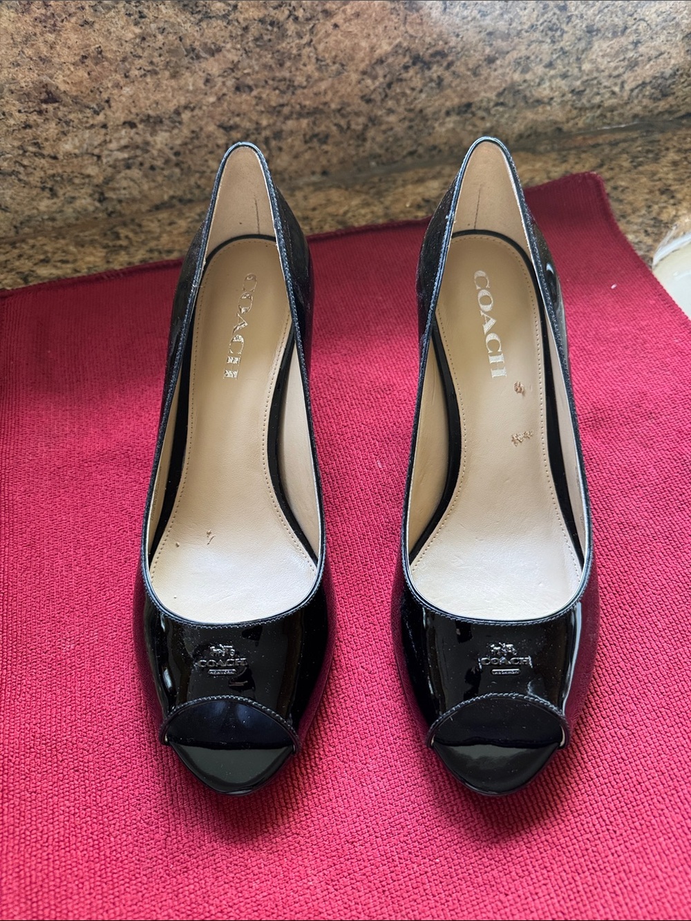 COACH Black Patent Leather Peep-Toe Pumps